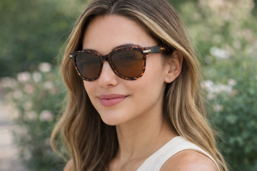 Woman wearing tortoise shell sunglasses with a blurred natural background
