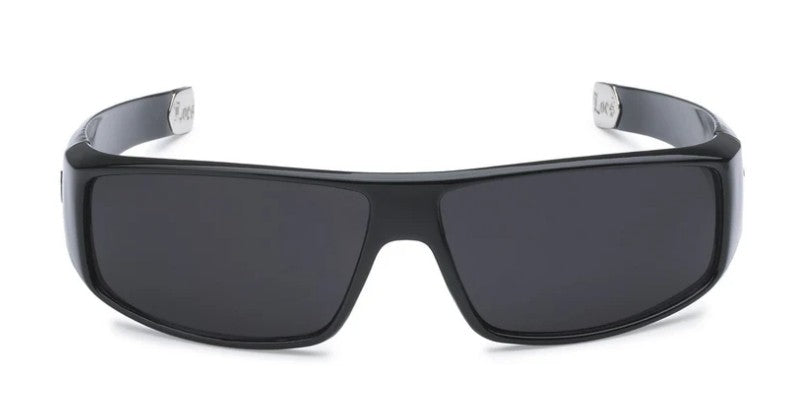 Black wraparound sunglasses with dark lenses on a white background