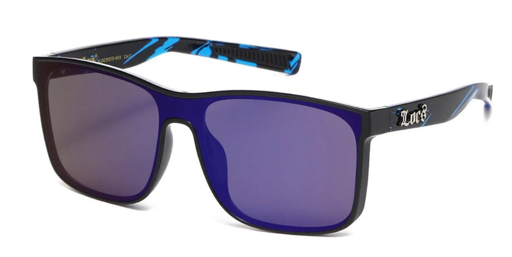 Sunglasses with metallic lens and black frame and blue accents on a white background