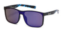 Sunglasses with metallic lens and black frame and blue accents on a white background