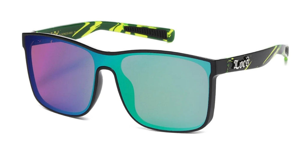 Sunglasses with metallic lens and green and black frame and purple-tinted lenses on a white background