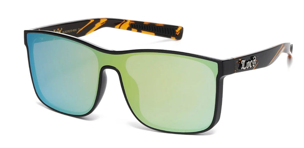 Sunglasses with metallic lens and green lenses and black frame on a white background