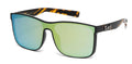 Sunglasses with metallic lens and green lenses and black frame on a white background