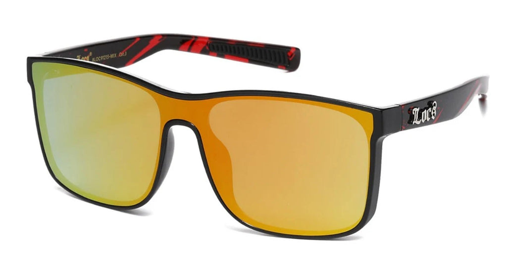 Sunglasses with metallic lens and black frame and red accents on a white background