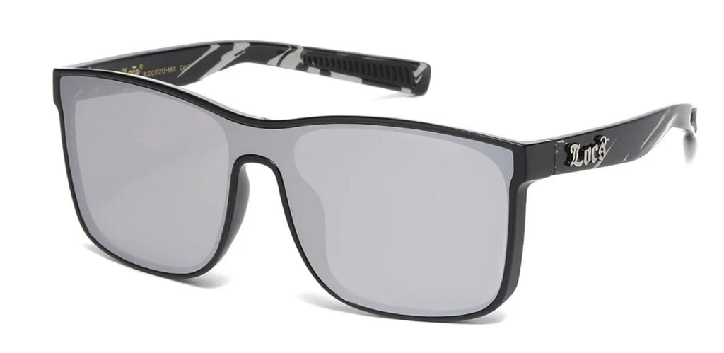 Black sunglasses with reflective lenses on a white background