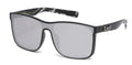 Black sunglasses with reflective lenses on a white background