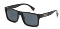 Black square frame sunglasses with a silver logo on the outer temple against a white background