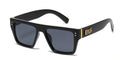 Black square frame sunglasses with a gold logo and gold accents on the outer temple on a white background