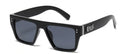 Black square frame sunglasses with a silver logo and accents on the outer temple on a white background