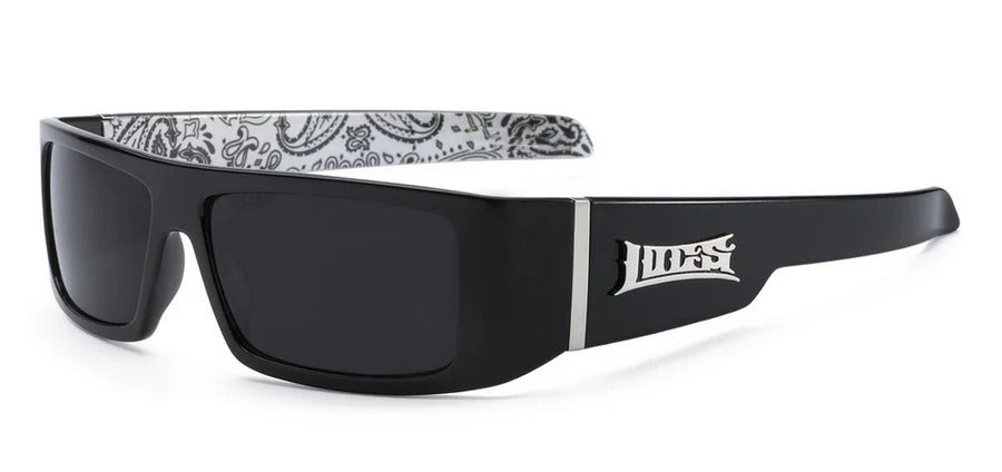 Black wraparound sunglasses with white and black bandana pattern on the inner arms against a white background