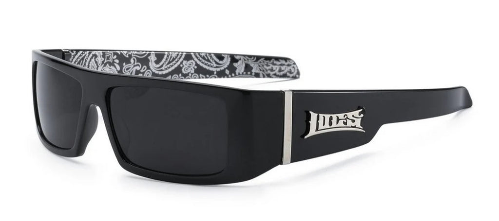 Black wraparound sunglasses with black and white bandana pattern on the inner arms against a white background