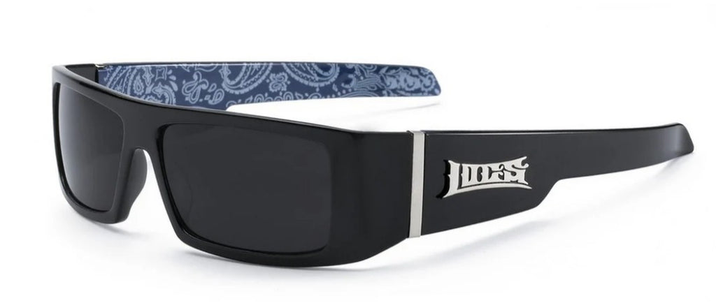 Black wraparound sunglasses with blue and white bandana pattern on the inner arms against a white background