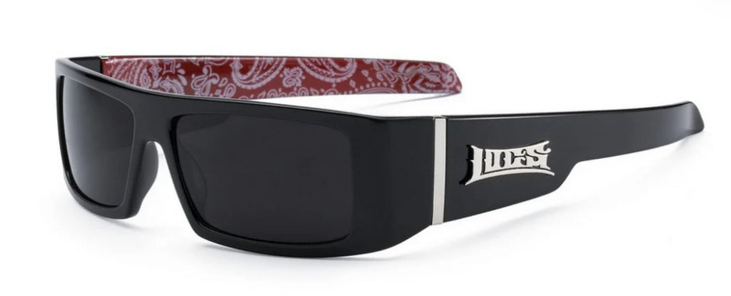Black wraparound sunglasses with red and white bandana pattern on the inner arms against a white background