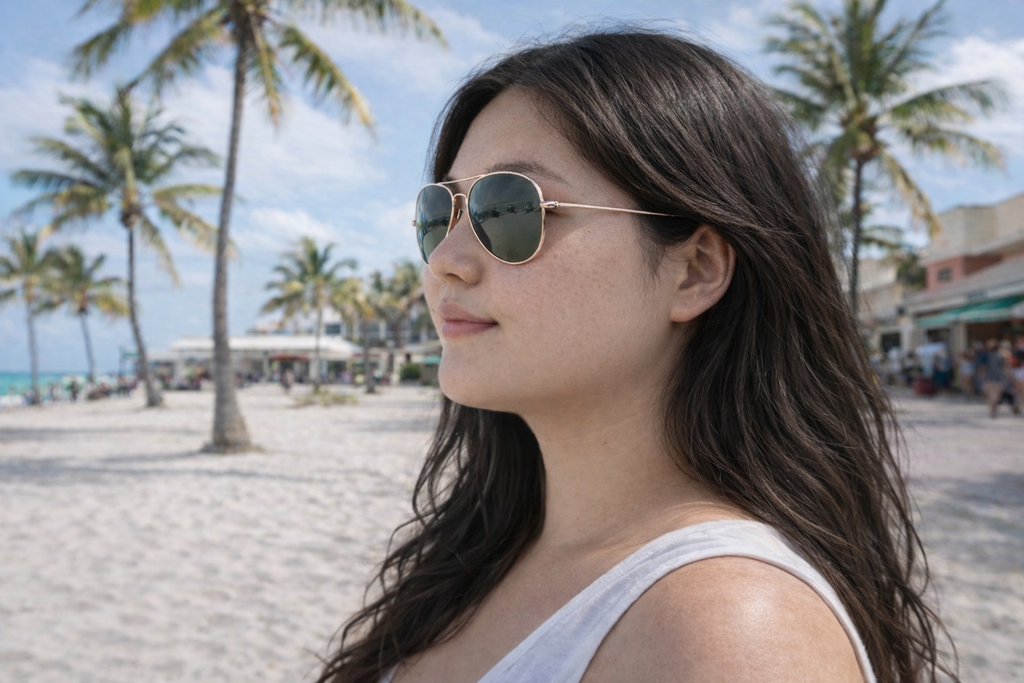 Woman wearing aviator style sunglasses on a beach with palm trees in the background
