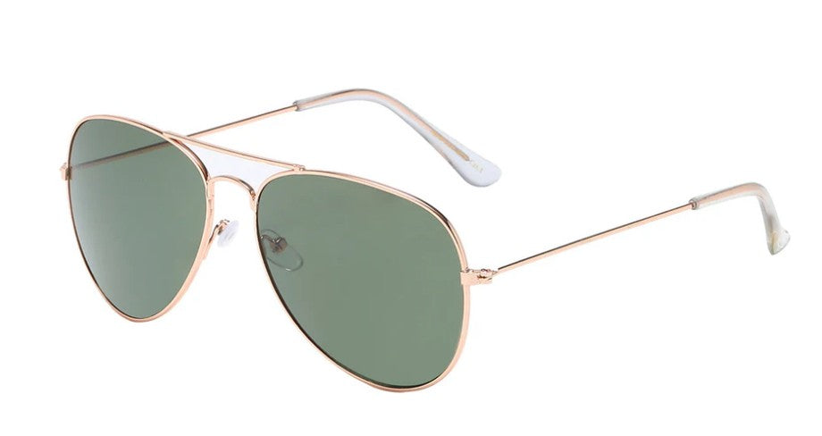 Aviator sunglasses with gold frame and green lenses on a white background