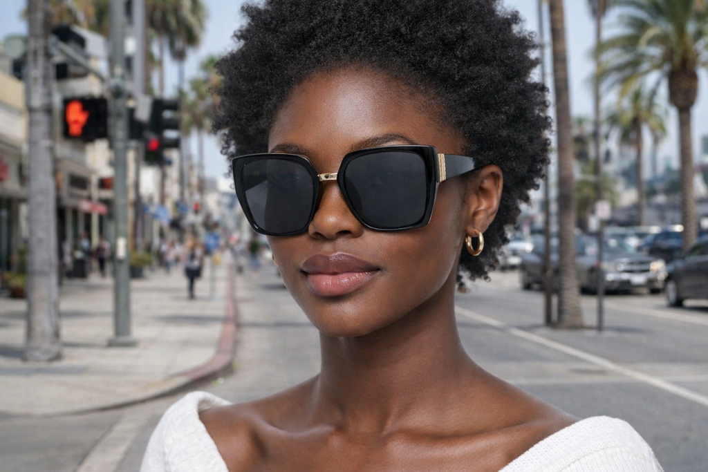 Woman wearing large black sunglasses on a city street with palm trees in the background