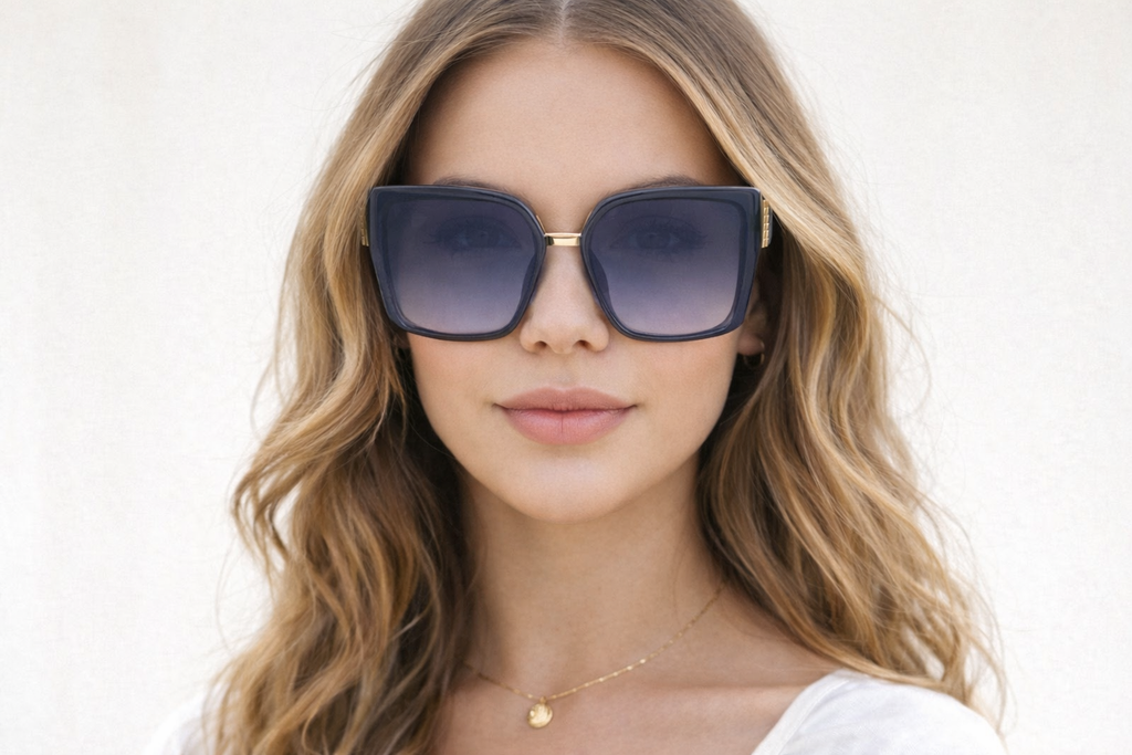 Woman wearing large black sunglasses with grey and gold accents against a plain white background