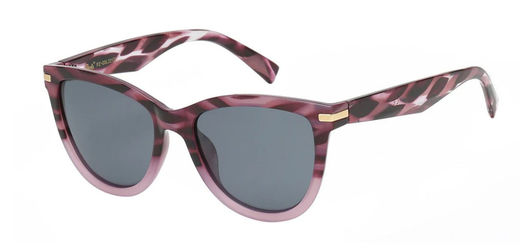 Sunglasses with pink and black zebra pattern frame on a white background