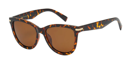 Sunglasses with tortoiseshell frame and brown lenses on a white background