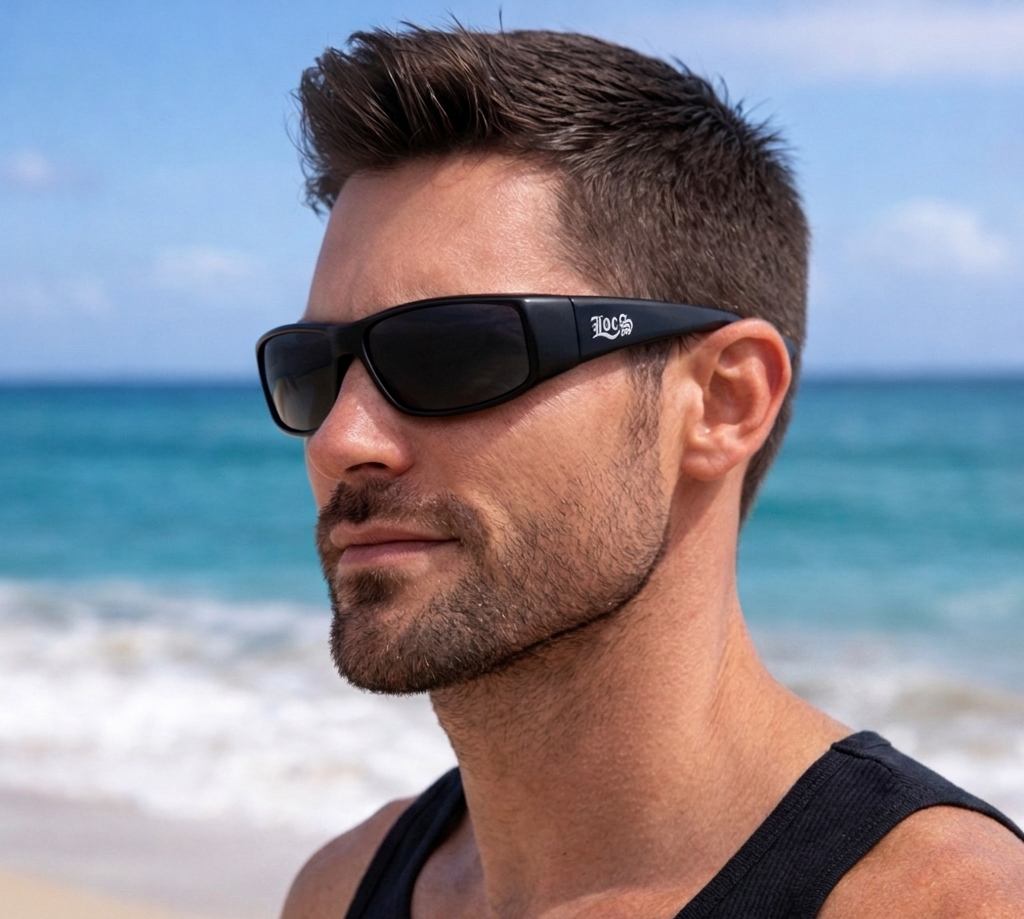 Man wearing sunglasses with a beach and ocean in the background