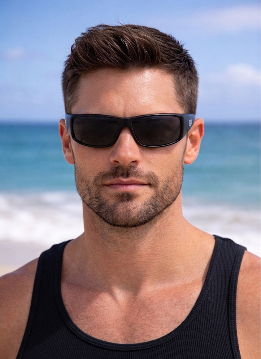 Man wearing sunglasses with a beach background
