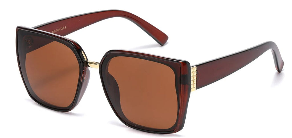 Oversize lens sunglasses with brown lenses and red-brown frame on a white background